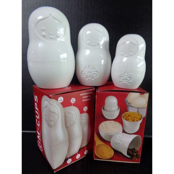 Stacking Doll Measuring Cups Set 3 Matryoshka Kitchen Baking White Melamine Box - Picture 5 of 11
